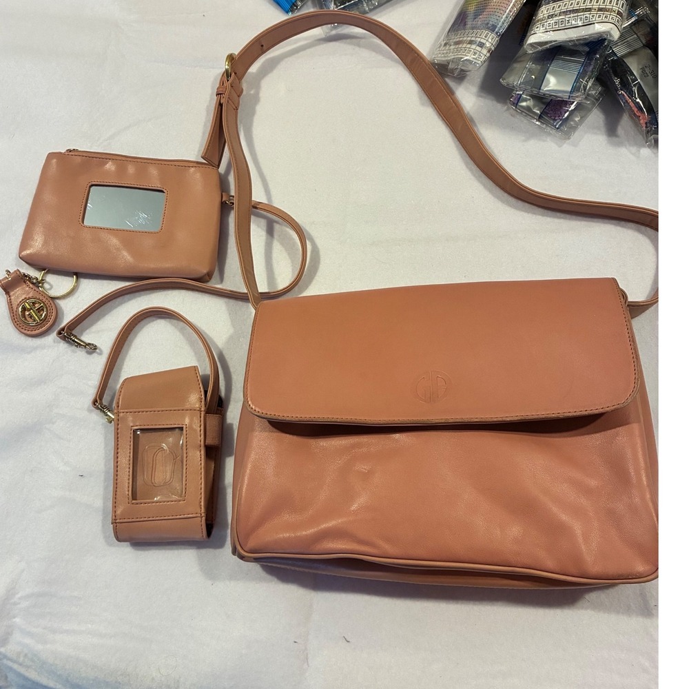 Giani Bernini Leather Crossbody Bag Set Pink Tan Flap Shoulder Bag 4 Piece